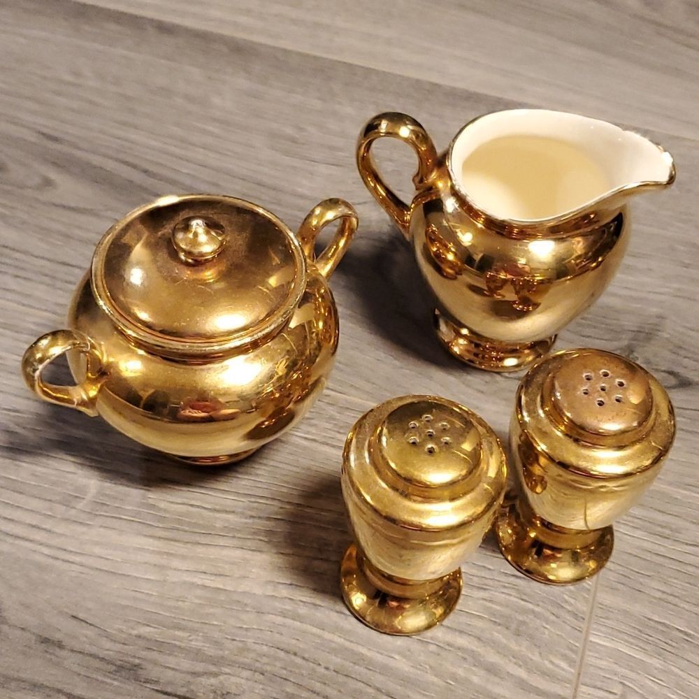 Vintage Gold Cut Glass Geo H Bowman & Son Creamer/Sugar & w/Salt/Pepper Set